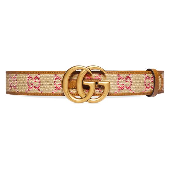 Gucci GG Marmont G Print Raffia Straw Wide Belt 90 Tan Pink Yellow - Picture 1 of 16